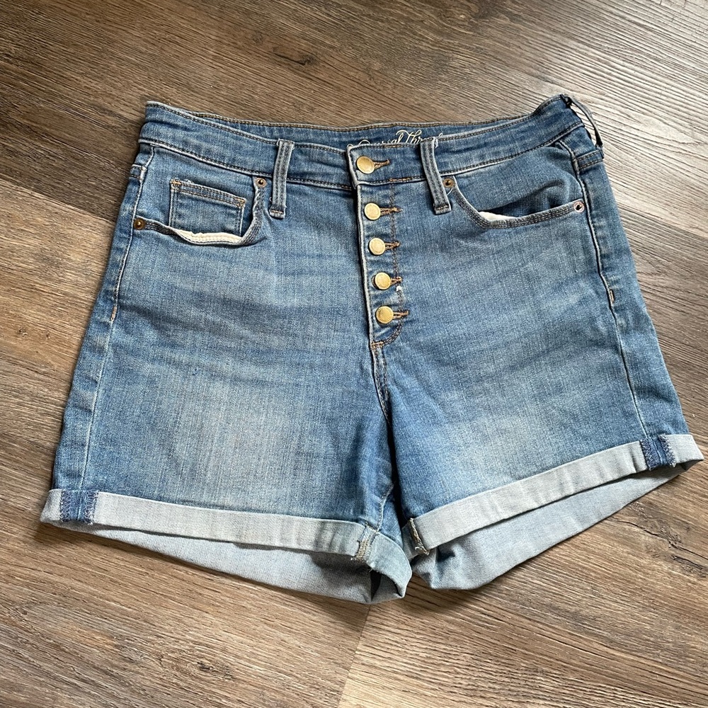 Button fly, high rise jean shorts